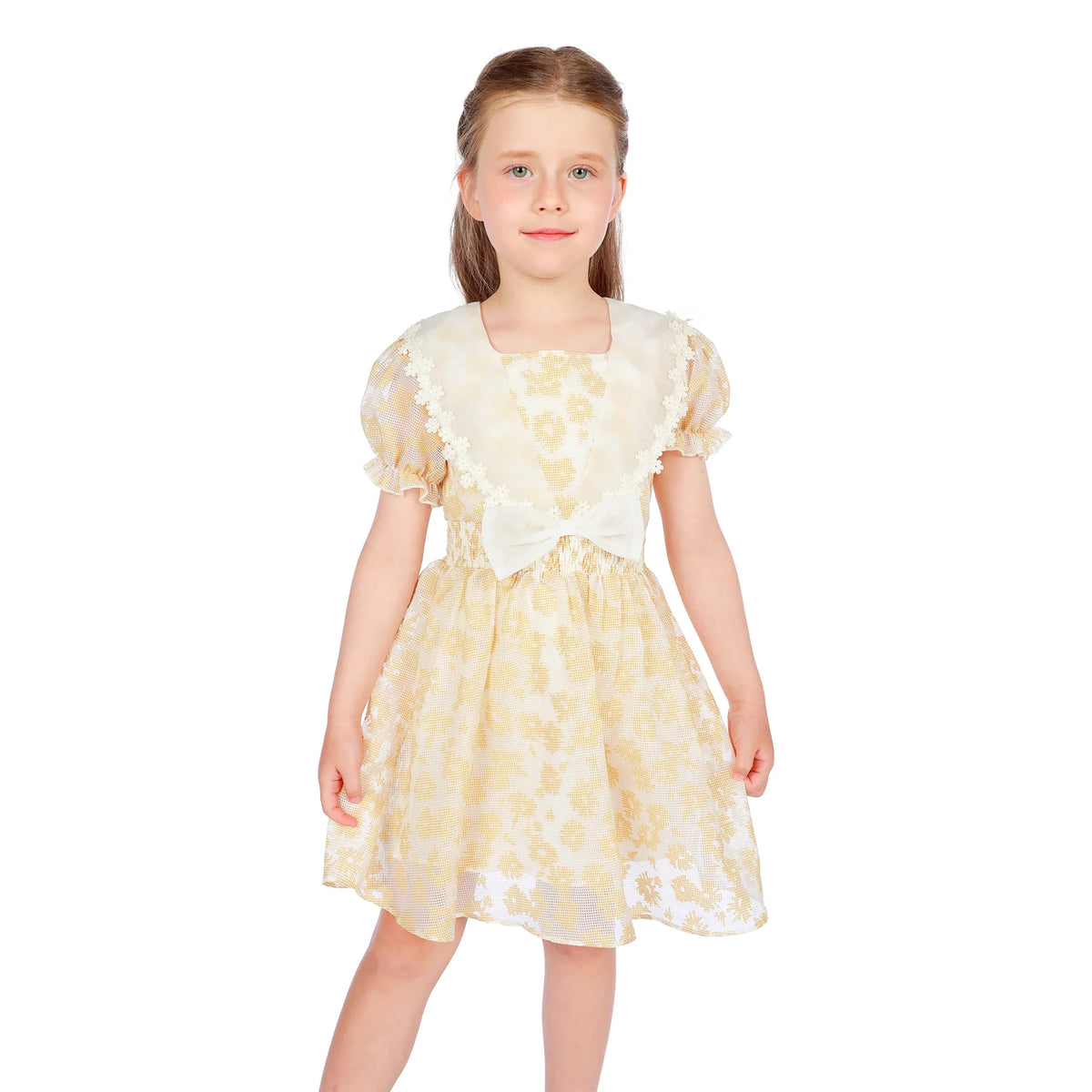 Beige Yellow Floral Classic Dress for Girls Image