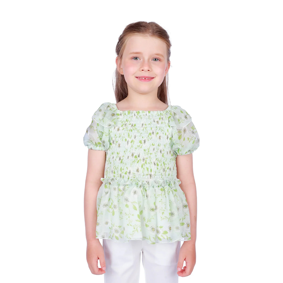 Light Green Floral Classic Blouse for Girls Image