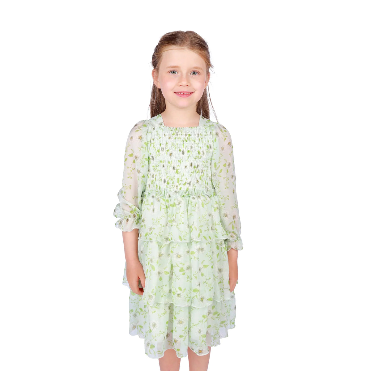Light Green Floral Classic Dress for Girls Image