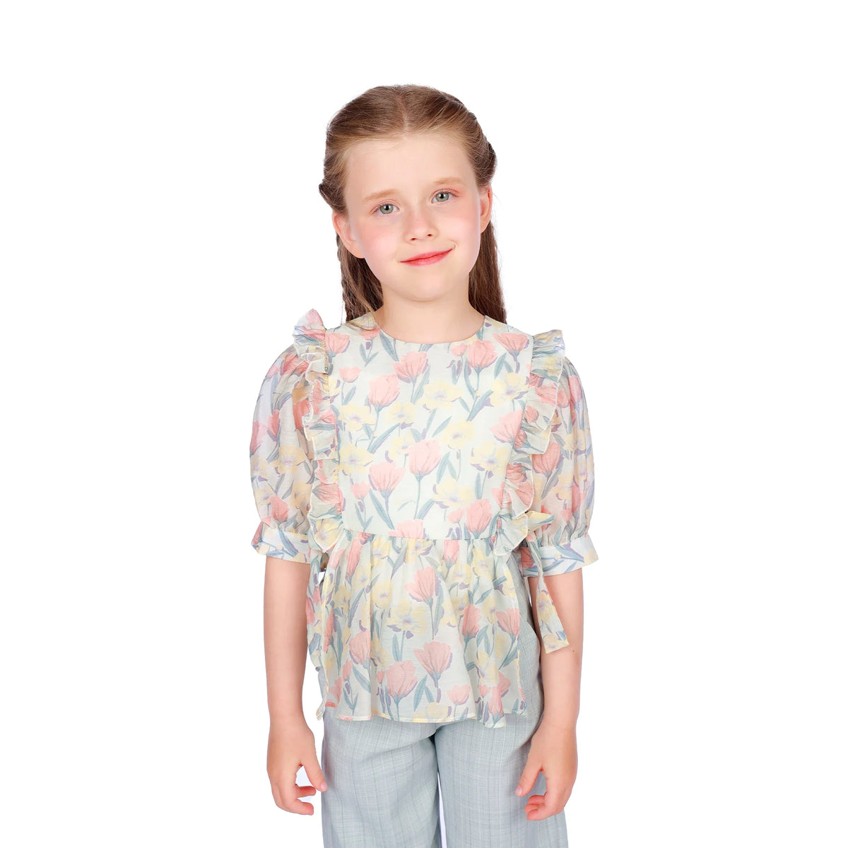 Light Pink Floral Classic Blouse for Girls Image
