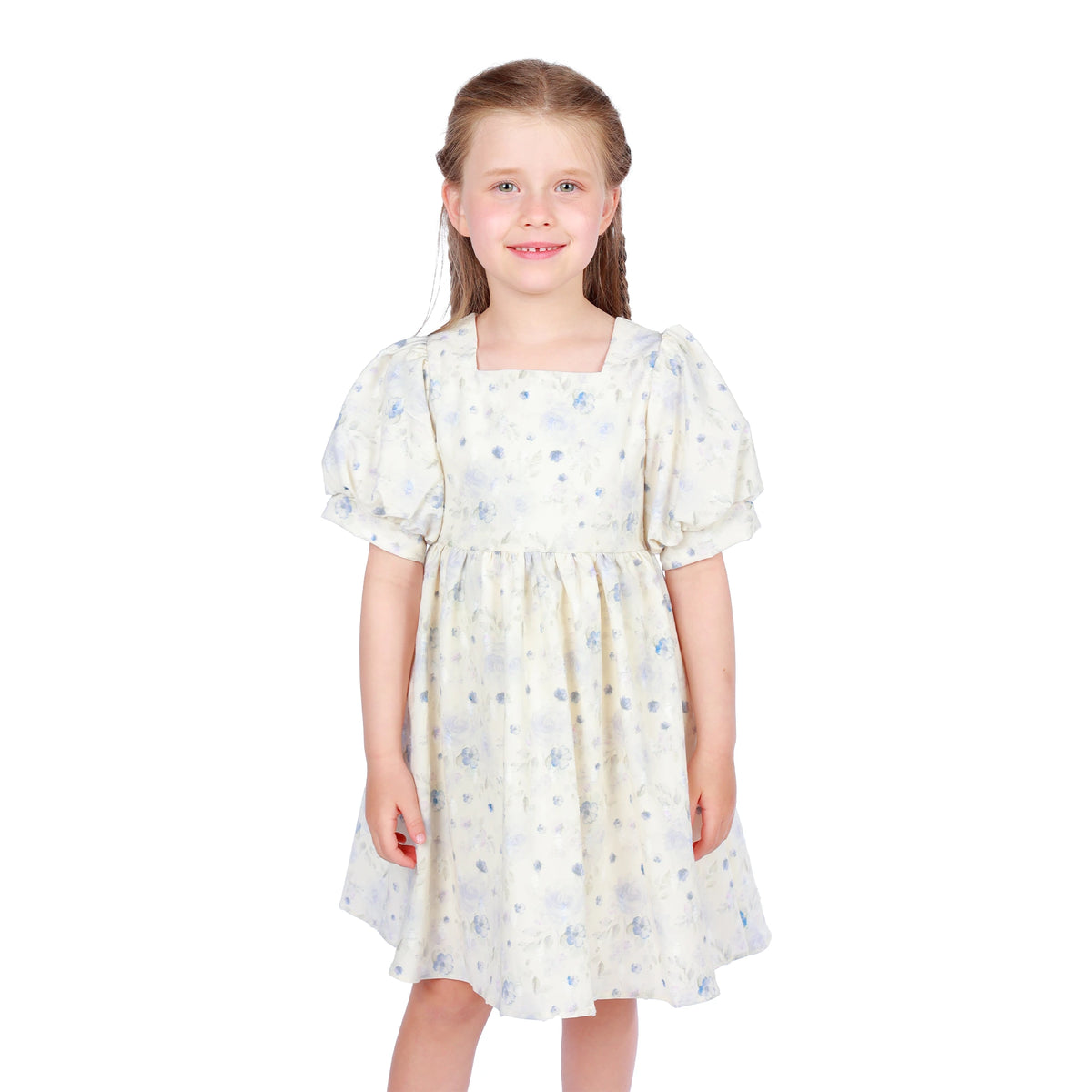 Blue Purple Floral Classic Dress for Girls Image