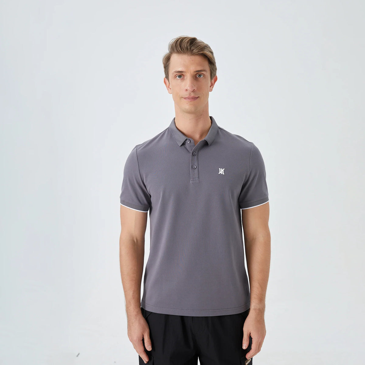 Dark Gray Embroidery Street Look Polo Shirt for Men Image