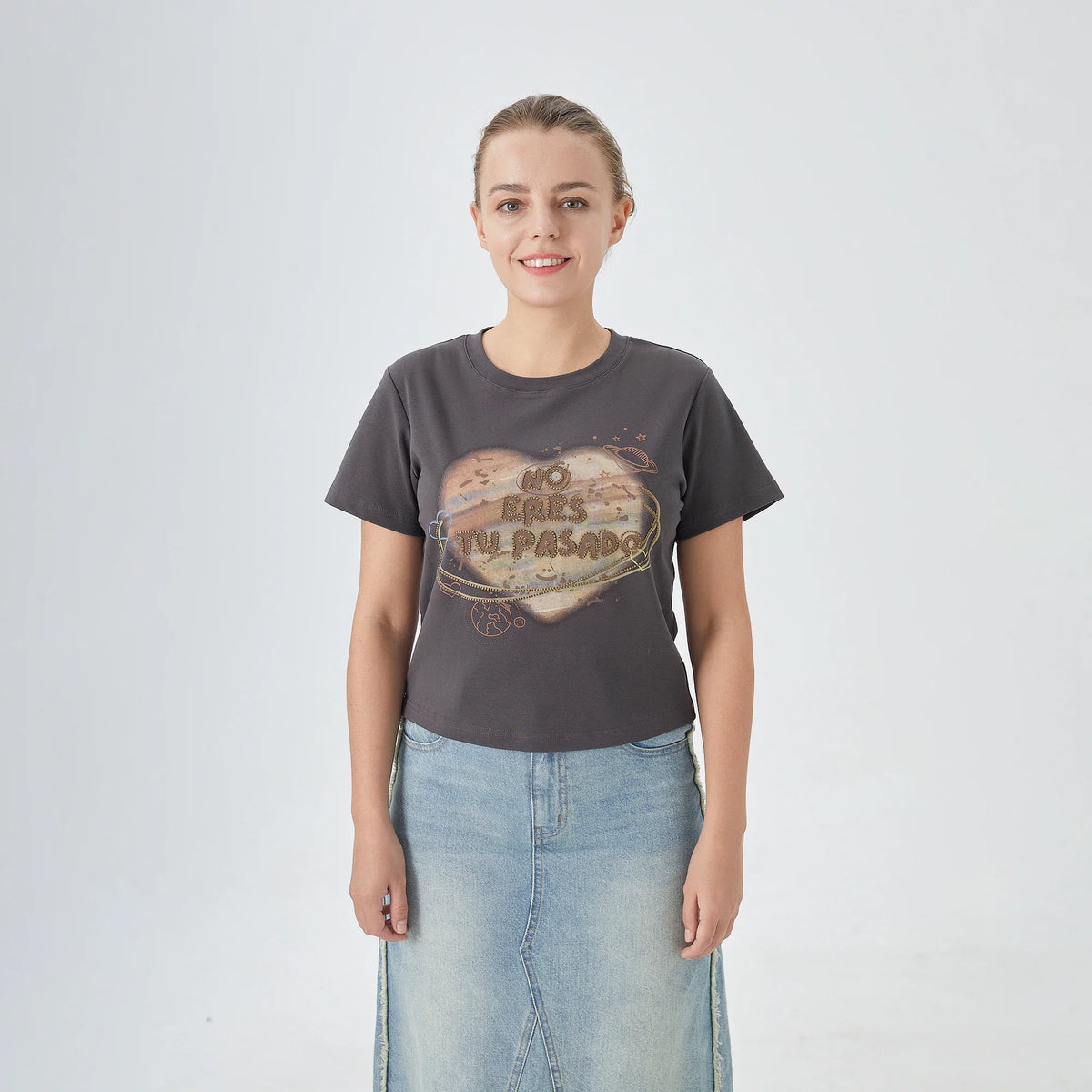 Dark Gray Printed Street Look T.Shirt for Women Image