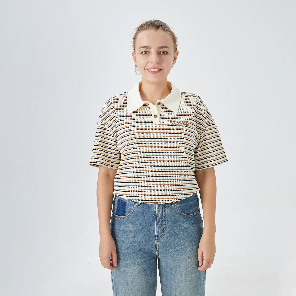 Coffee Striped Street Look Polo Shirt for Women Image