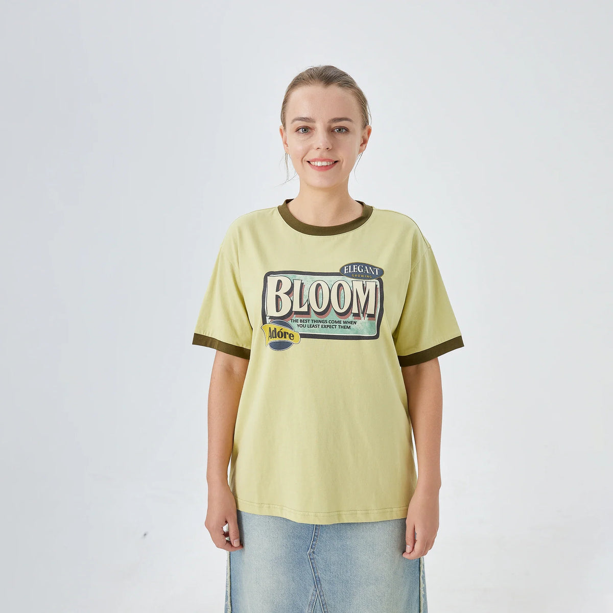 Light Yellow Green Printed Street Look T.Shirt for Women Image