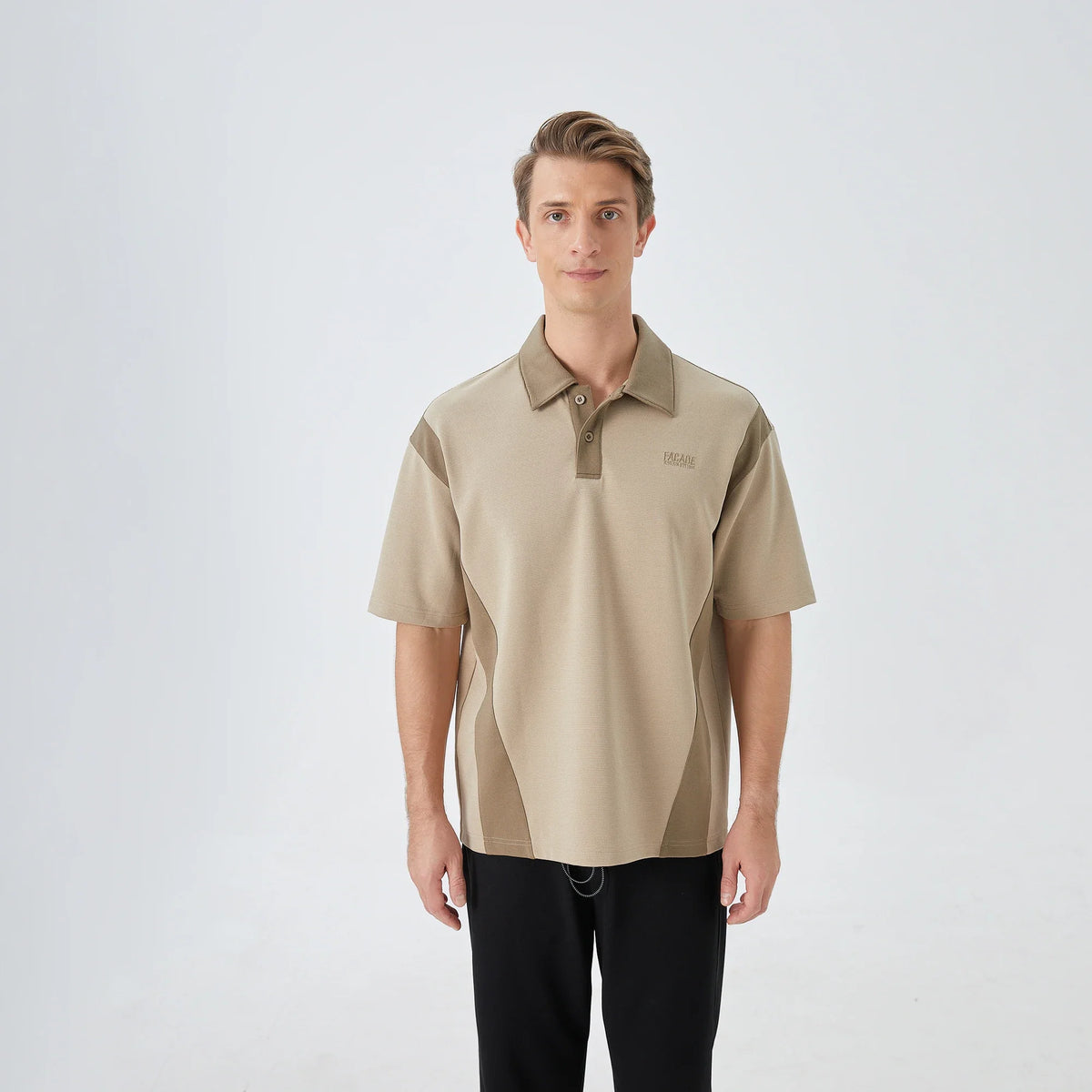 Light Khaki Color Blocked Street Look Polo Shirt for Men Image