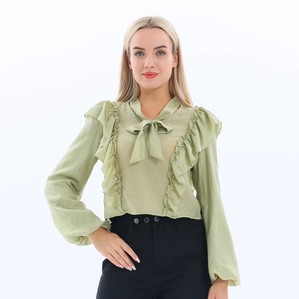 Gray Green Plain Fashion Blouse for Women Image