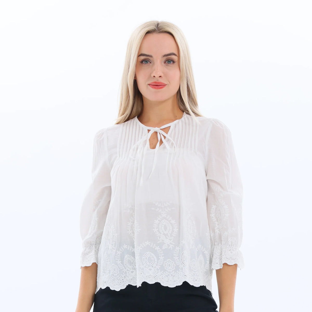 White Embroidery Fashion Blouse for Women Image