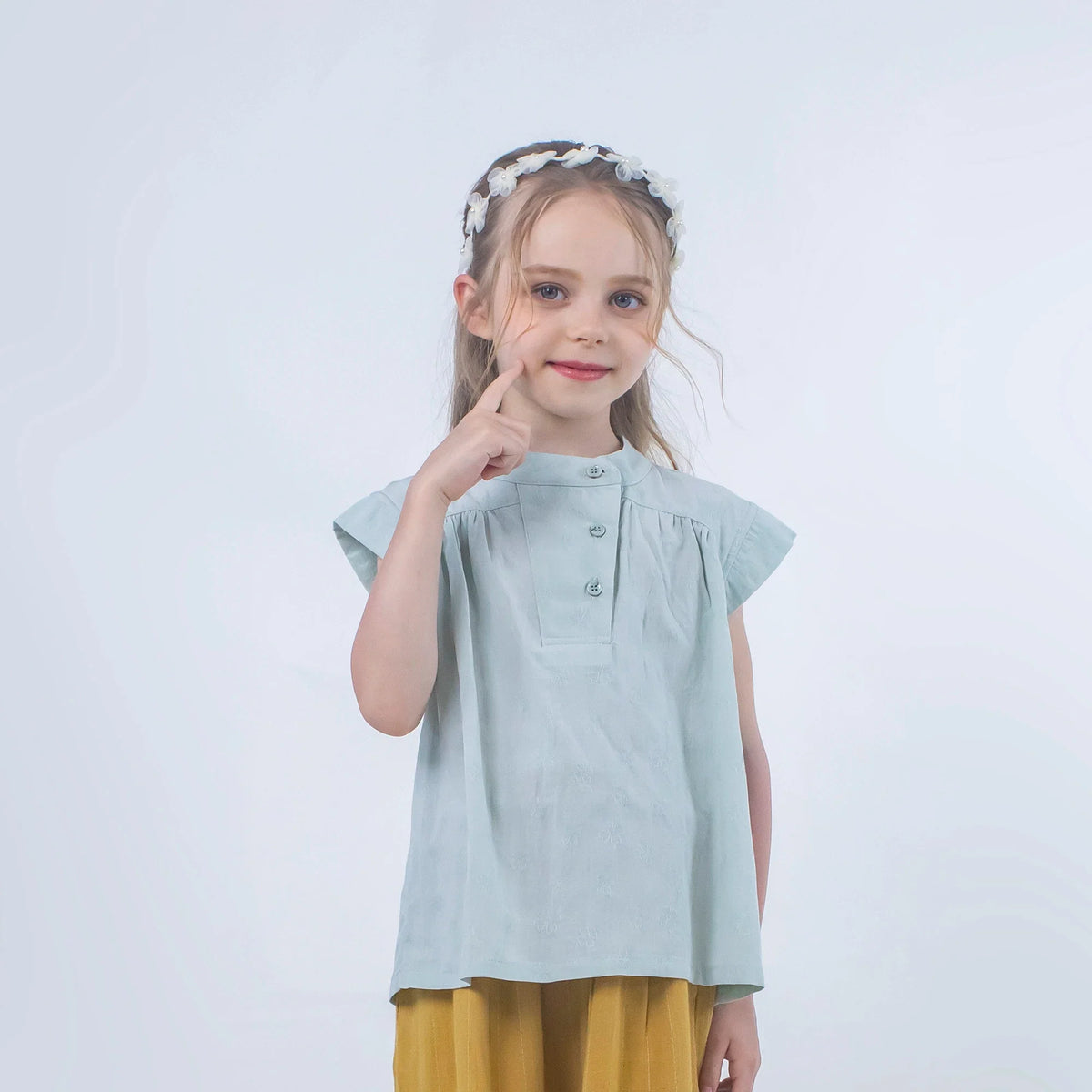 Bean Green Jacquard Linen Blouse for Girls Image