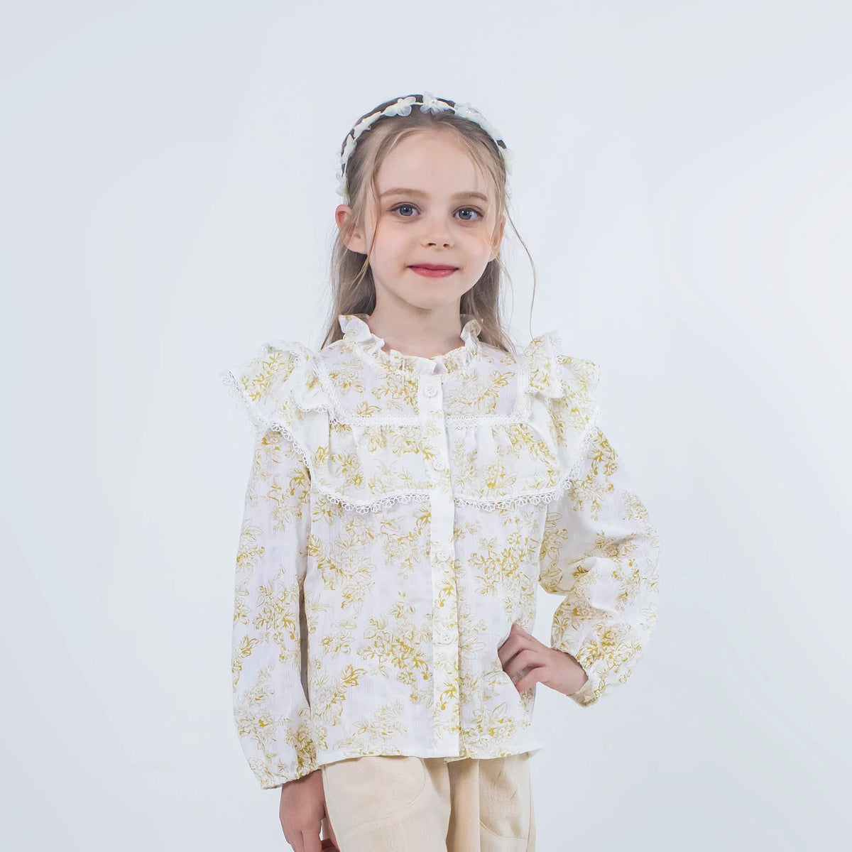 Green Floral Linen Blouse for Girls Image