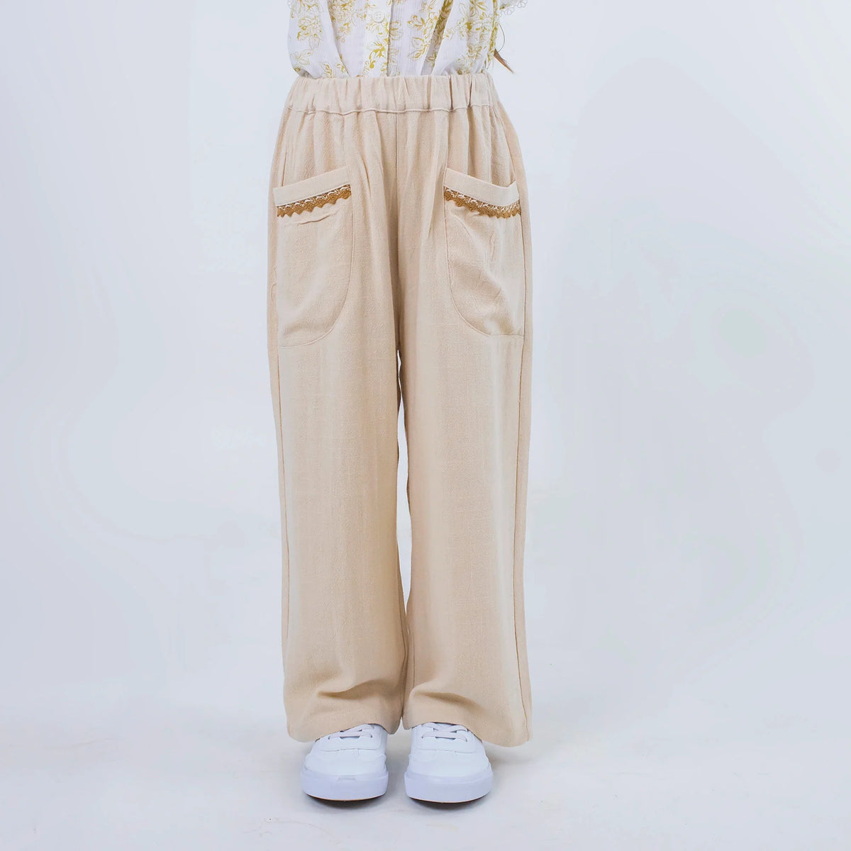 Beige Solid Linen Pants for Girls Image