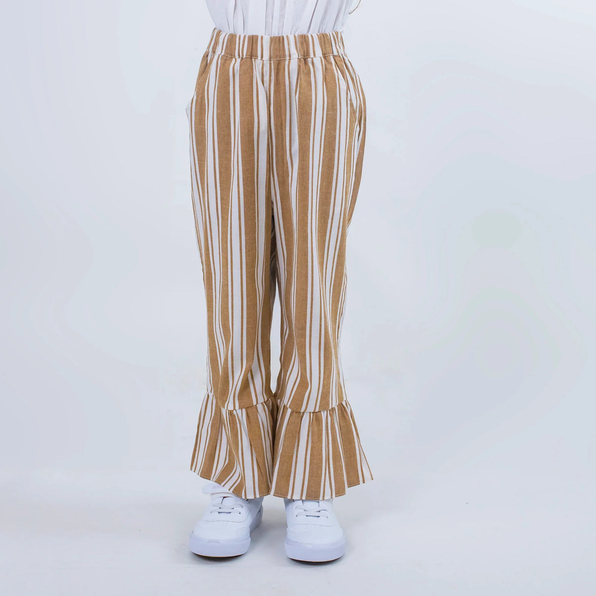 Coffee Striped Linen Pants for Girls Image