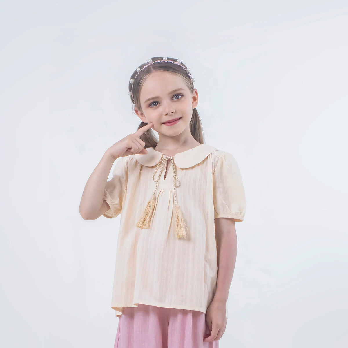Light Beige Jacquard Linen Blouse for Girls Image