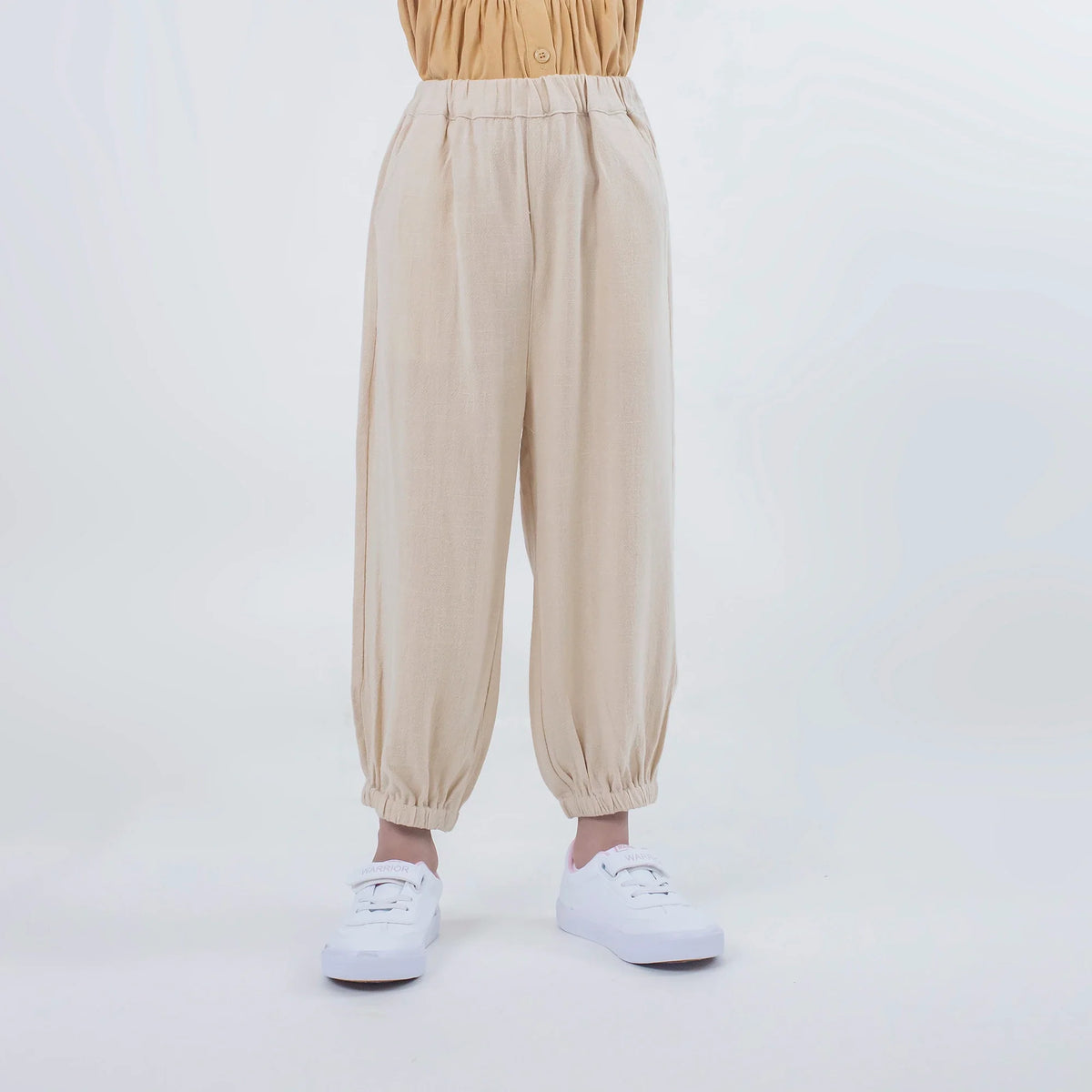 Beige Solid Linen Pants for Girls Image