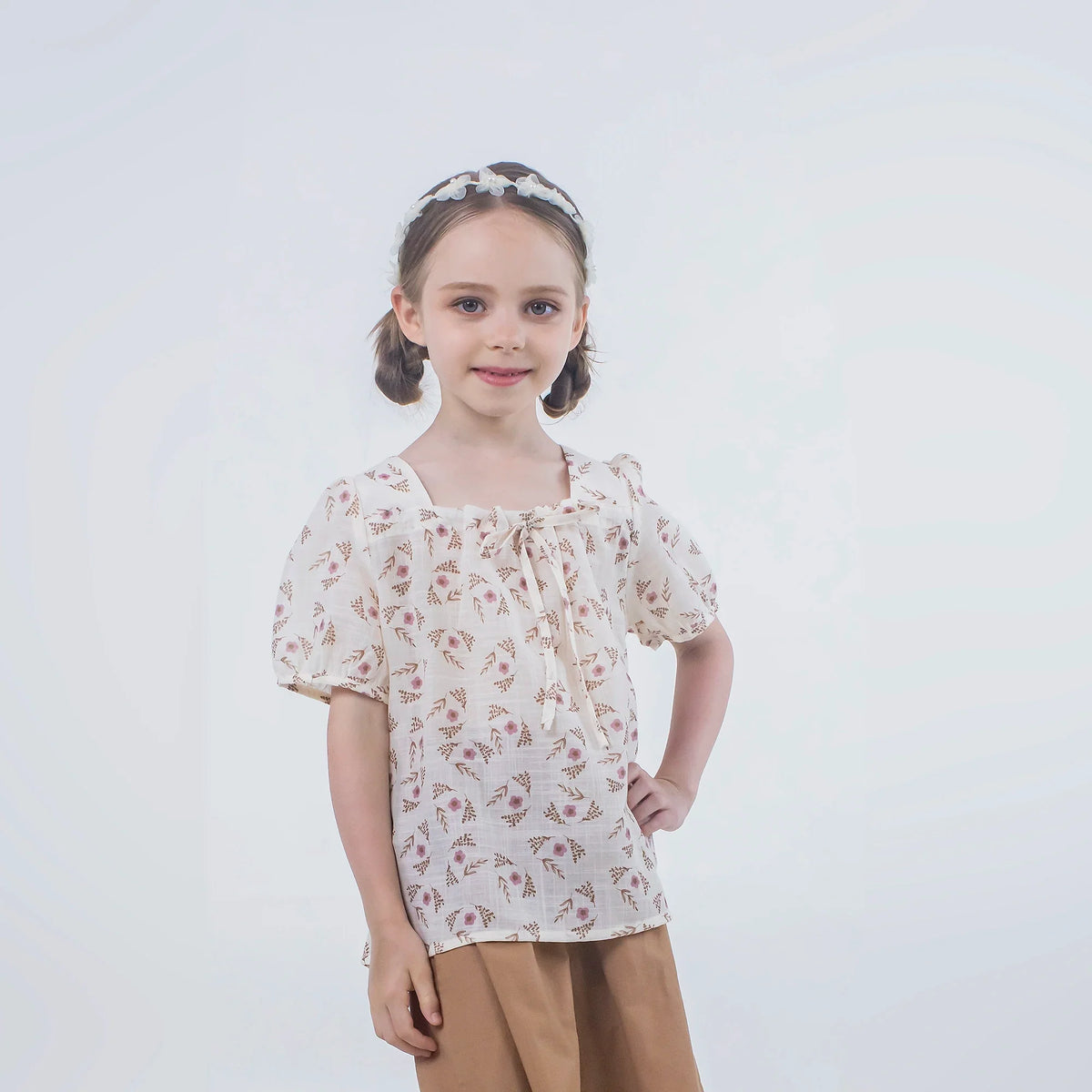Beige Floral Linen Blouse for Girls Image