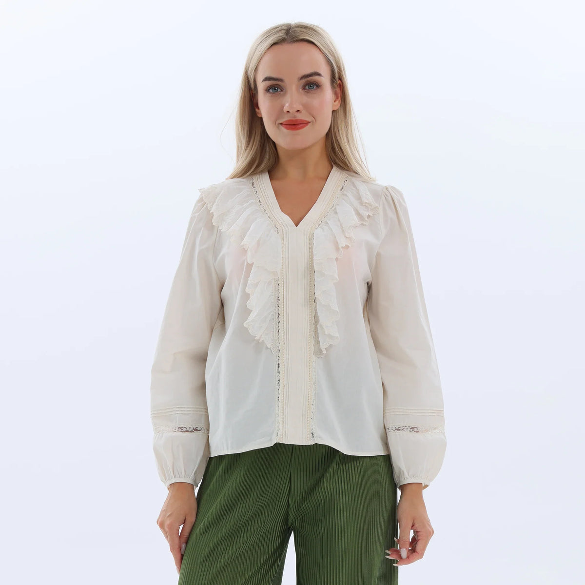 Beige Laced Summer Blouse for Women Image