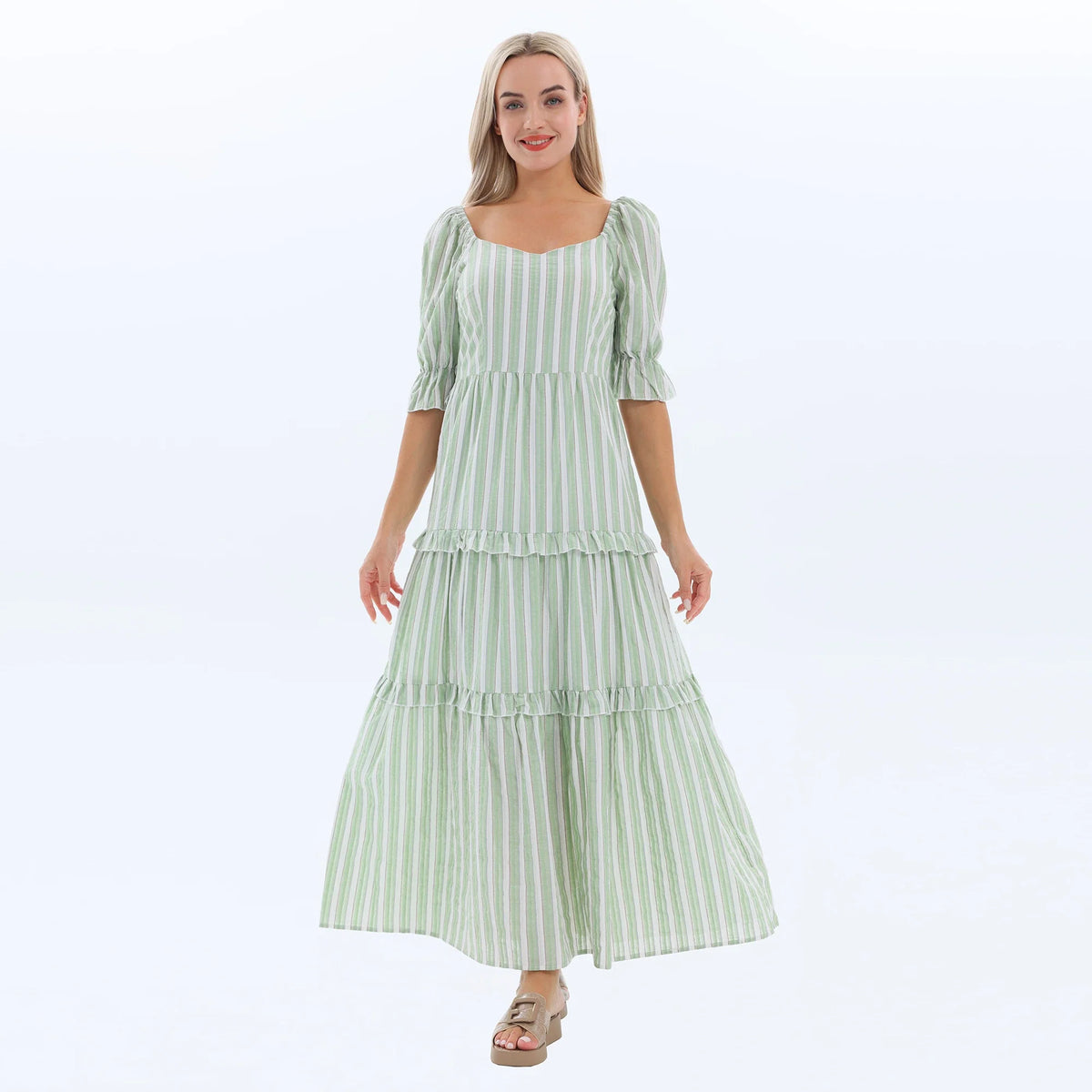 Light Green Striped Summer Dress for Women Image