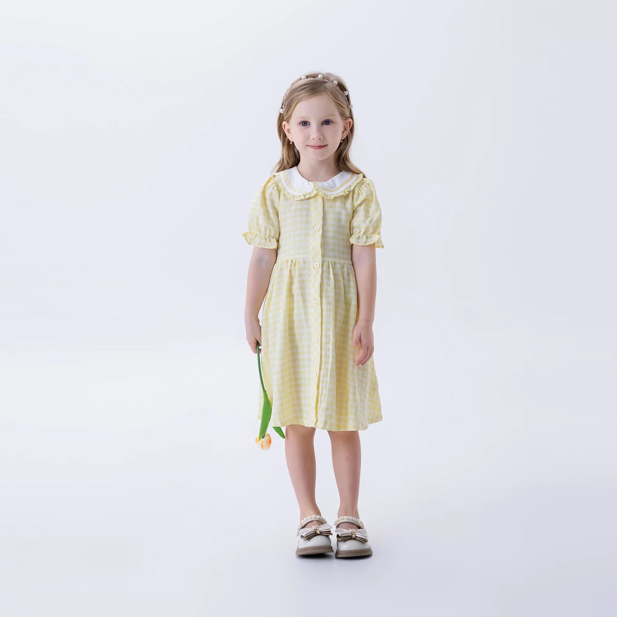 Yellow Checked Fashion Dress For Girls Image