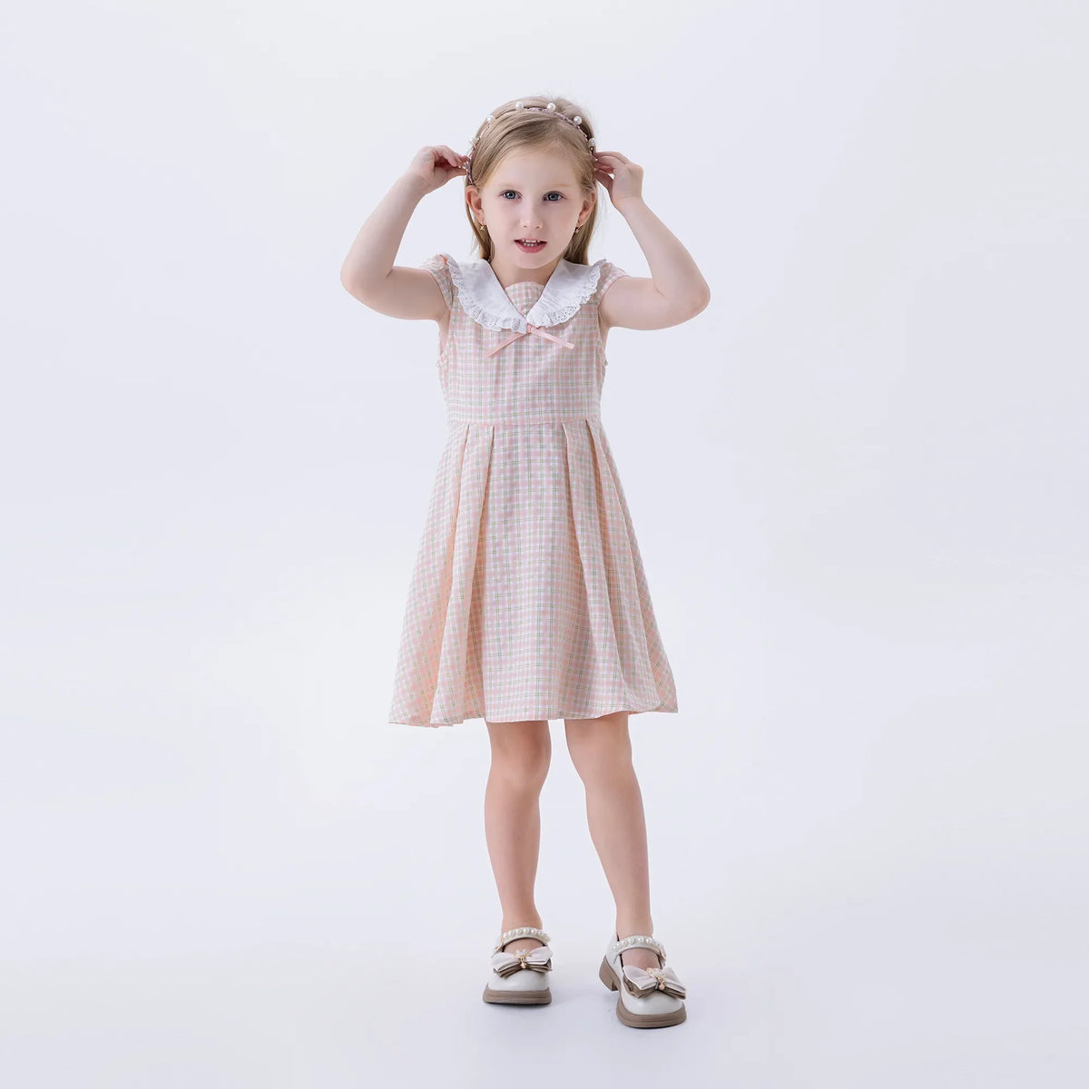 Pink Checked Fashion Dress For Girls Image