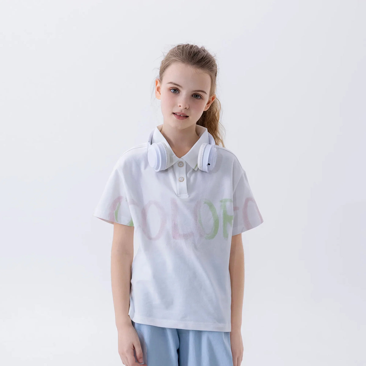 White Printed Fashion Polo Shirt For Girls Image