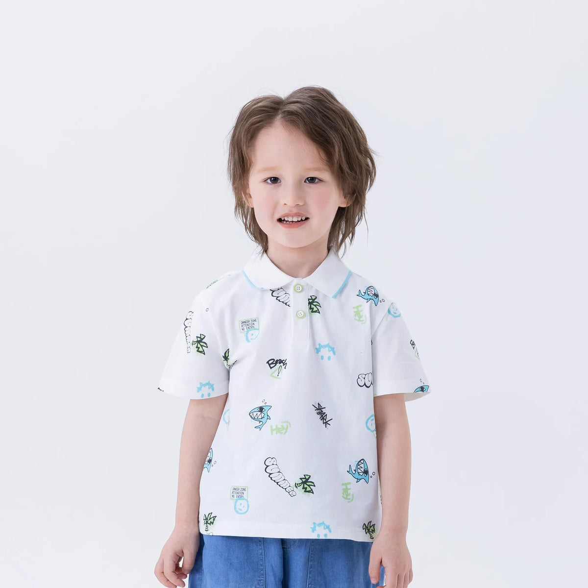 White Printed Fashion Polo Shirt For Boys Image