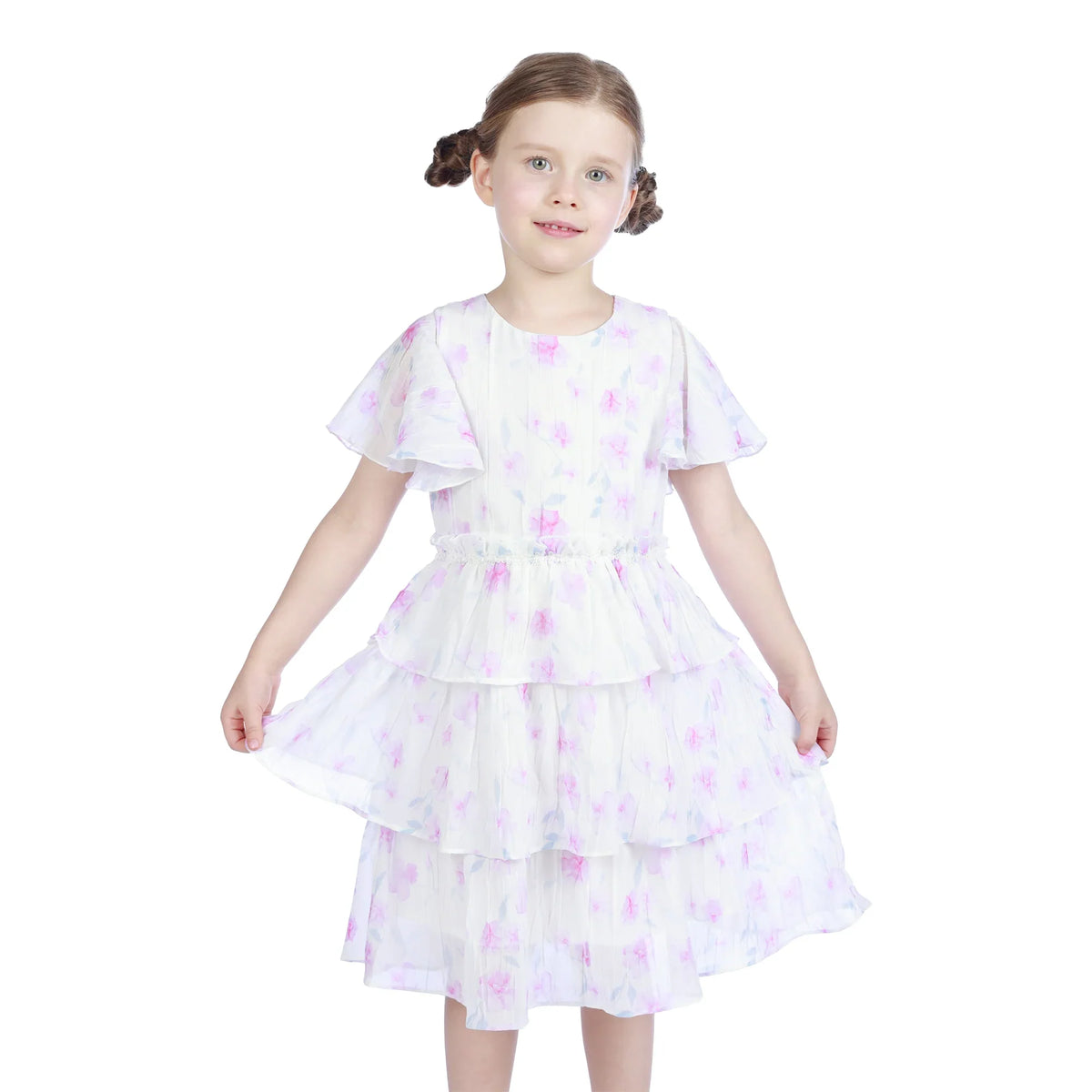 White Floral Classic Dress For Girls Image