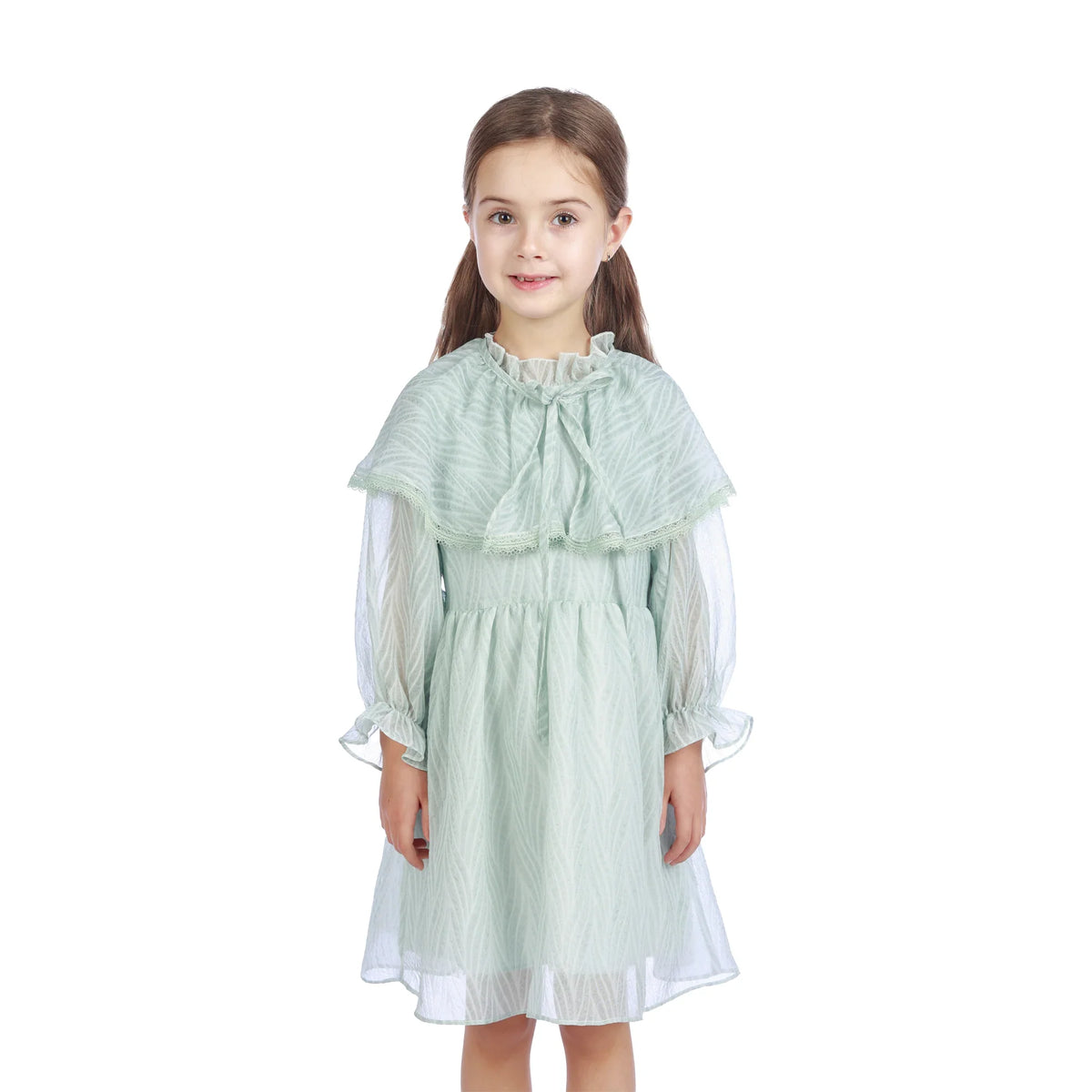 Water Green Jacquard Classic Dress For Girls Image