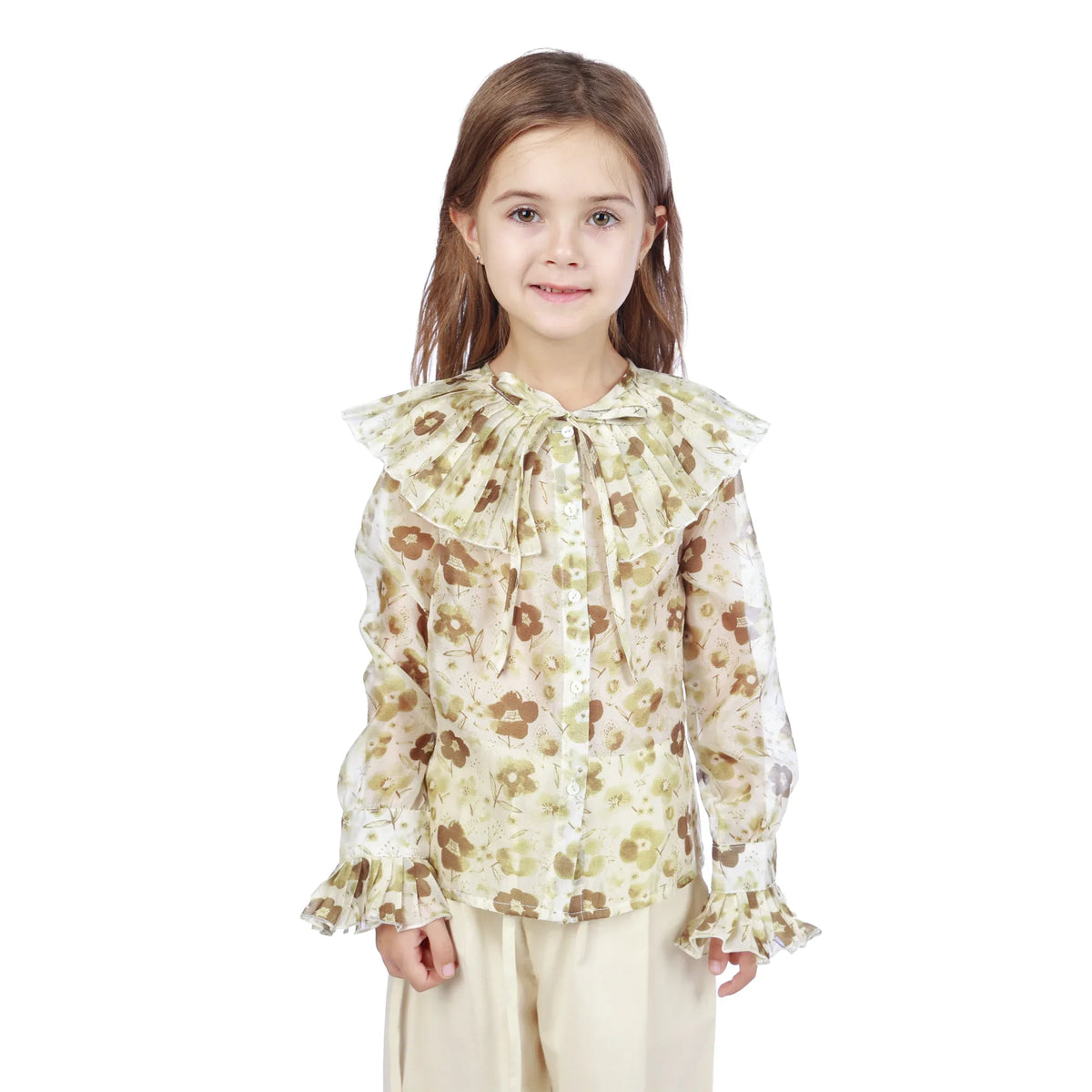 Mustard Green Floral Classic Shirt For Girls Image