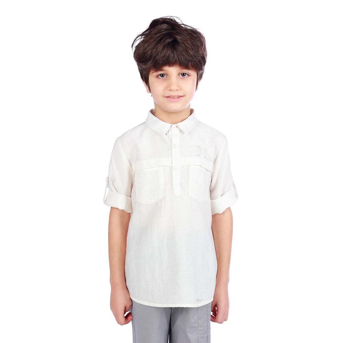 Light Beige Embroidery Classic Blouse For Boys Image