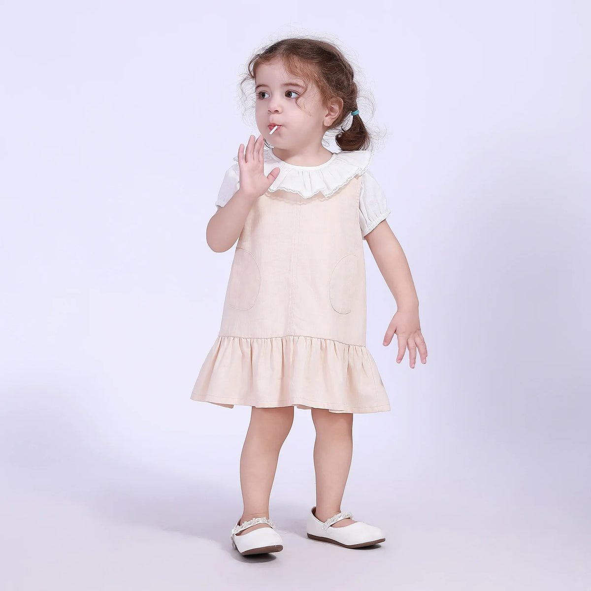 Beige Plain Street Look Dress For Baby Girl Image