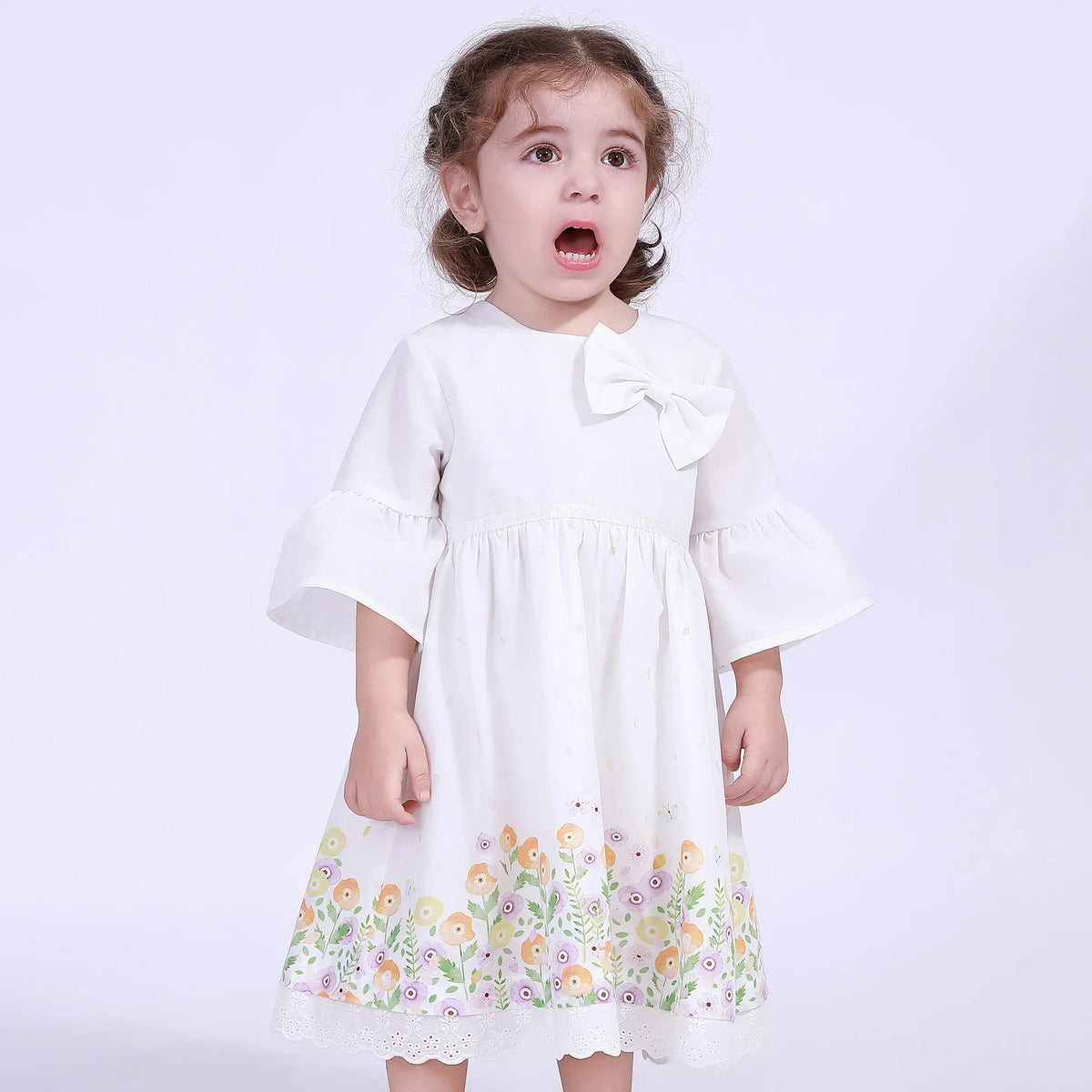 Off White Floral Street Look Dress For Baby Girl Image