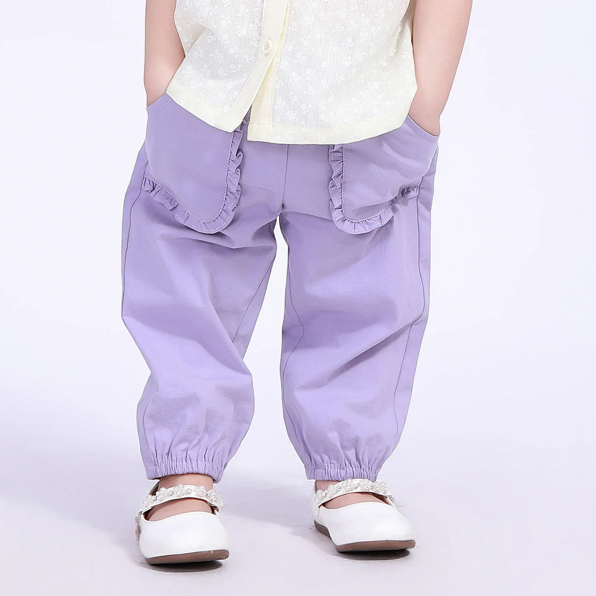 Gray Purple Ankle-Tied Street Look Pants For Baby Girl Image