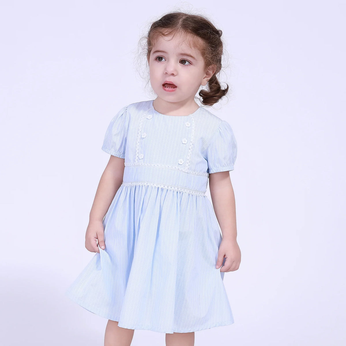 Light Blue Striped Street Look Dress For Baby Girl Image