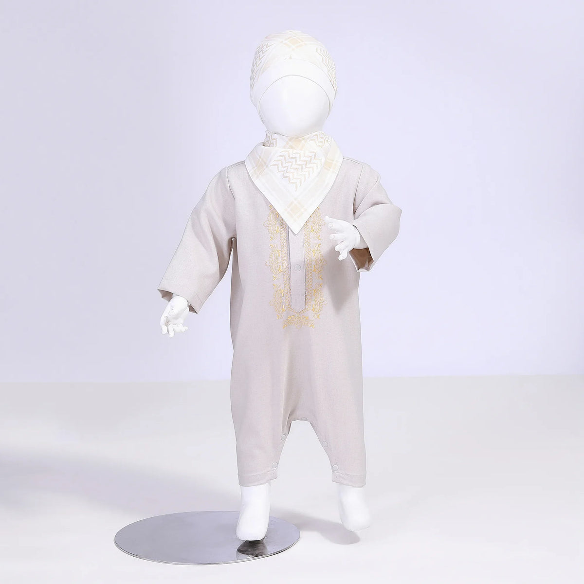 Gray Beige Embroidery Street Look Romper For Baby Boy Image
