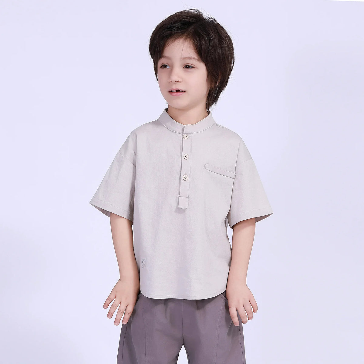 Beige Embroidery Street Look Blouse For Boys Image