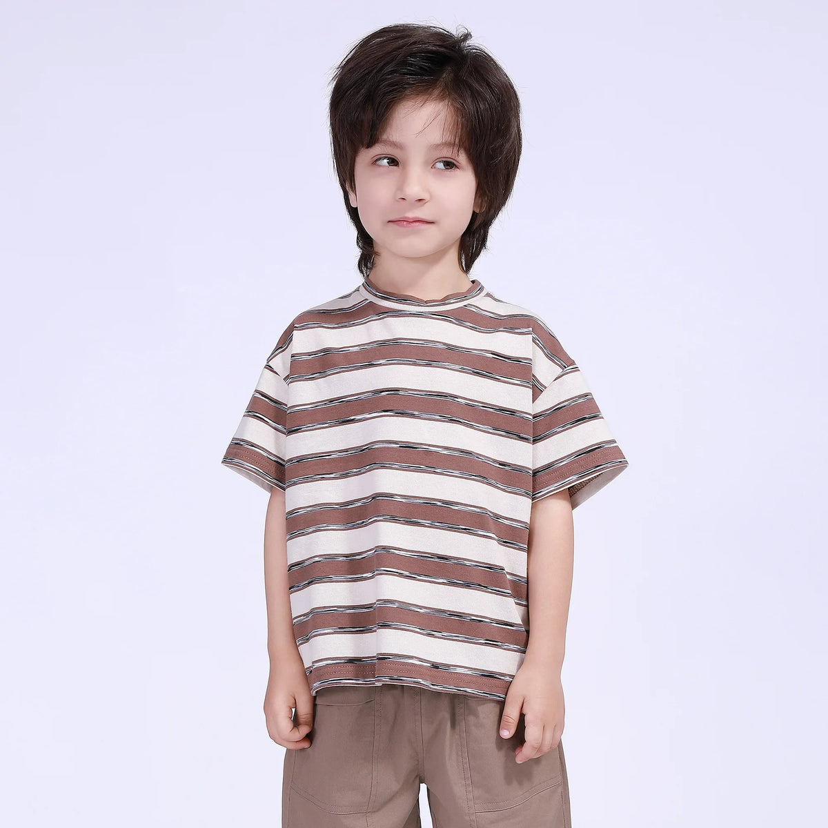 Light Coffee Striped Street Look T.Shirt For Boys Image