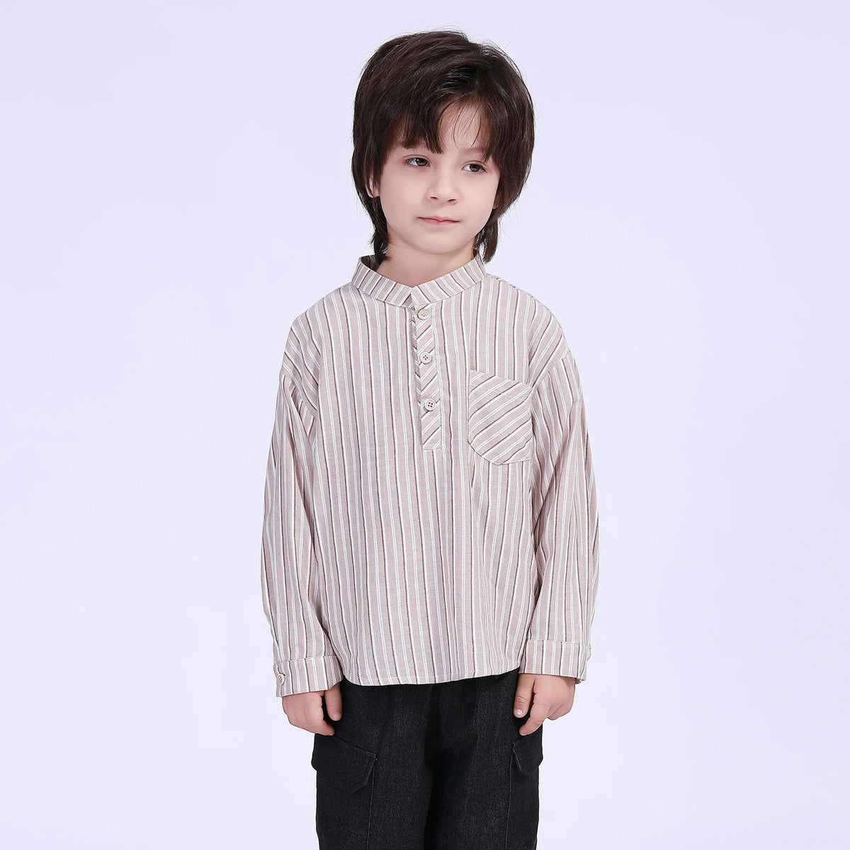 Light Coffee Striped Street Look Blouse For Boys Image