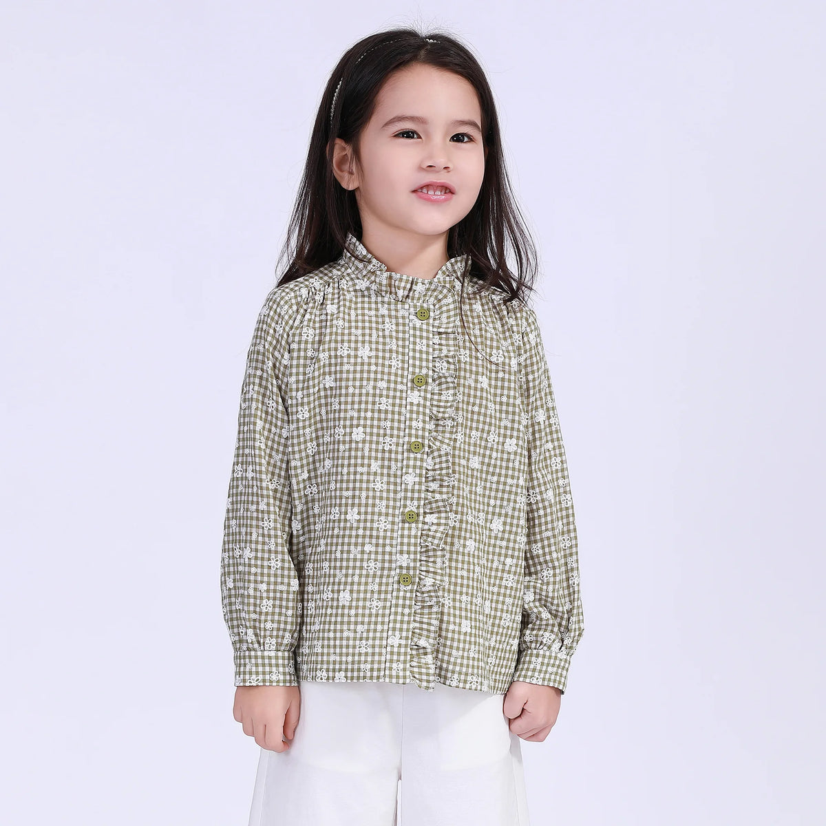 Olive Green Checked Street Look Shirt For Girls Image