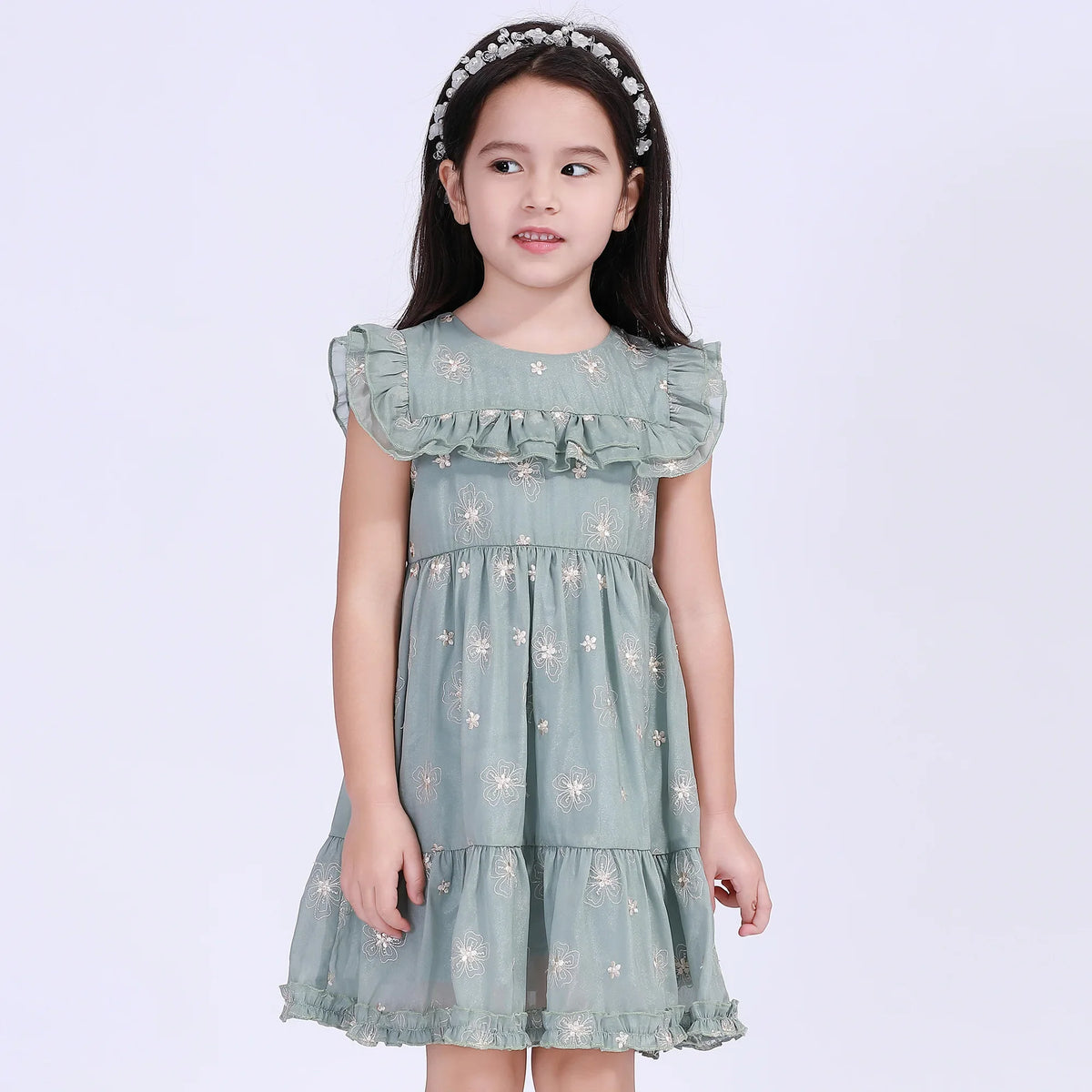 Green Floral Street Look Dress For Girls Image