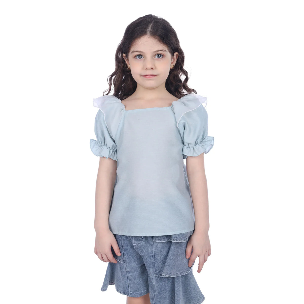 Water Blue Plain Classic Blouse For Girls Image