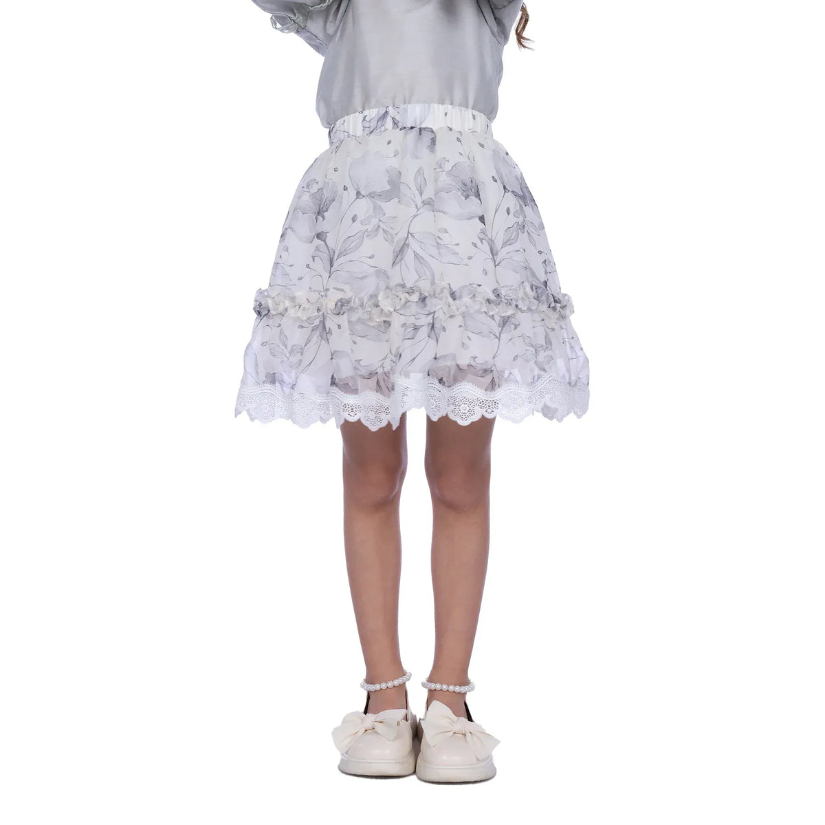 Grey Floral Classic Skirt For Girls Image