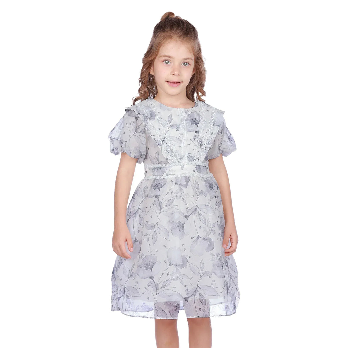 Grey Floral Classic Dress For Girls Image