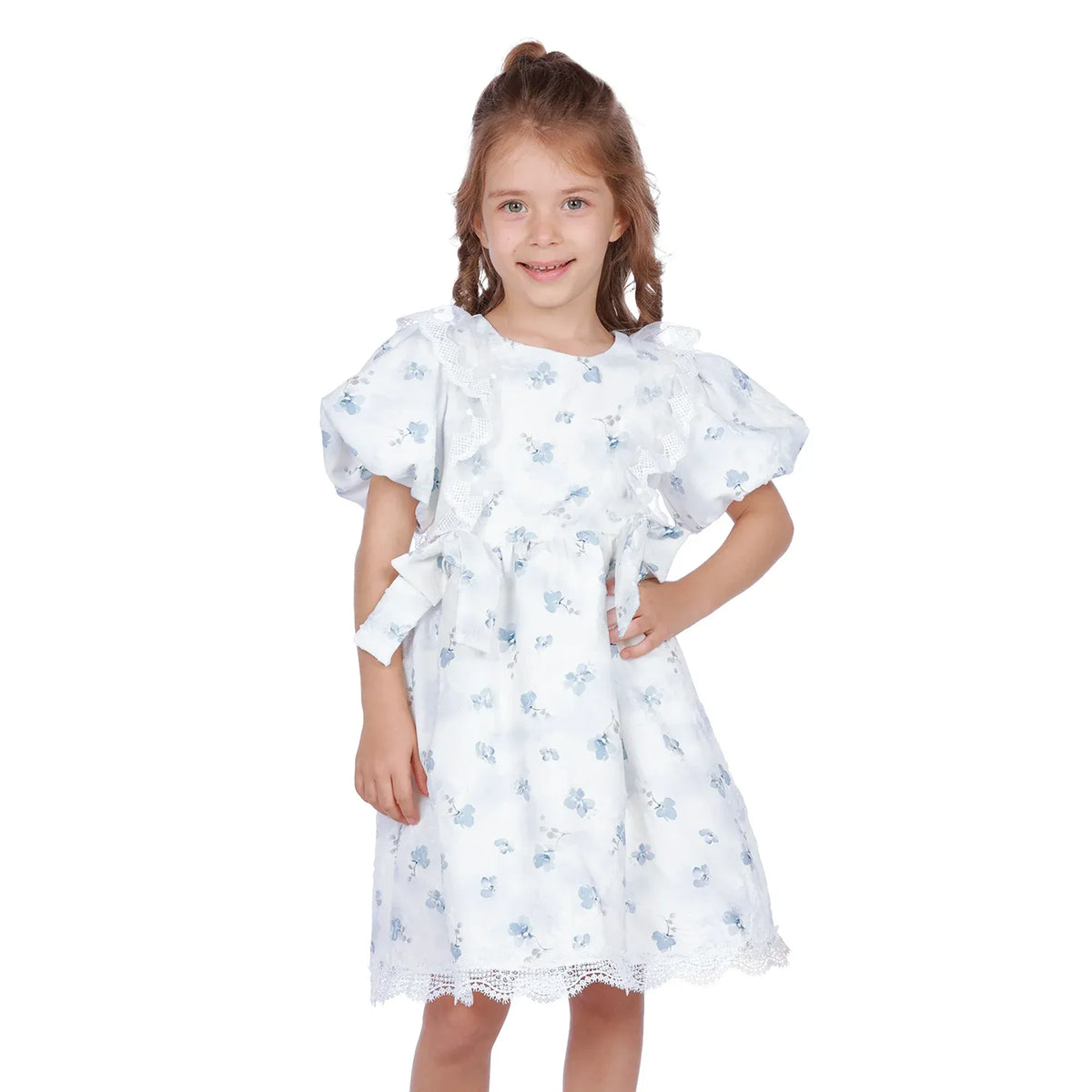 Blue Floral Classic Dress For Girls Image