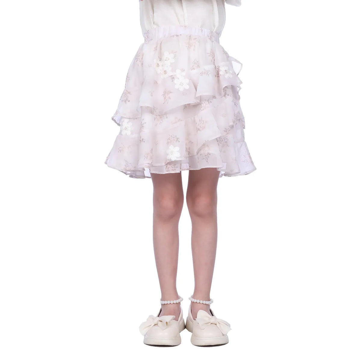 Pink Beige Floral Classic Skirt For Girls Image