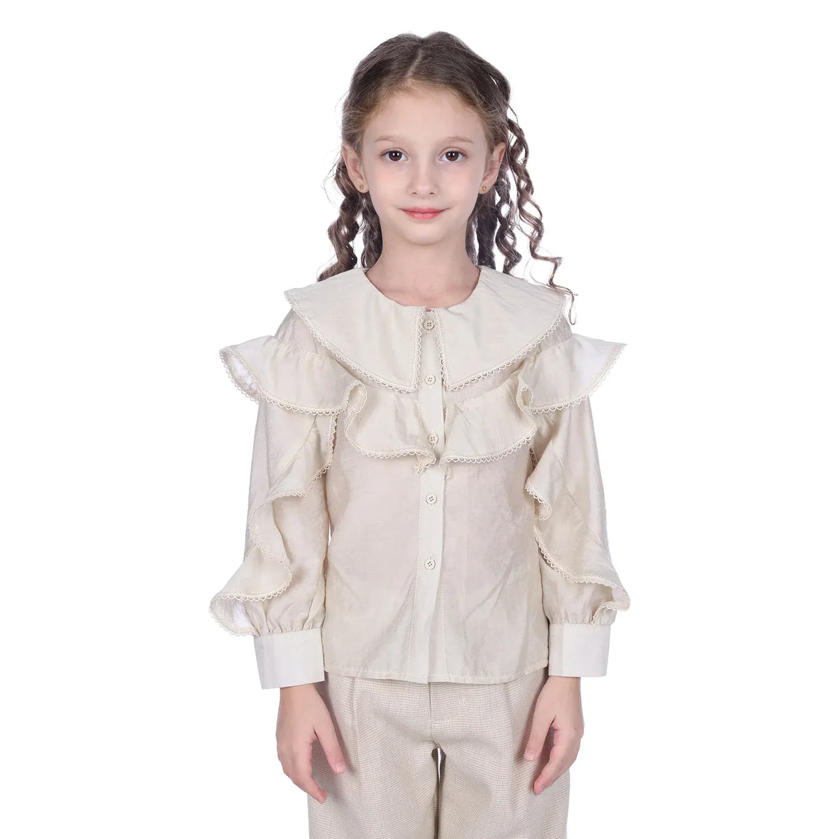 Beige Plain Classic Shirt For Girls Image