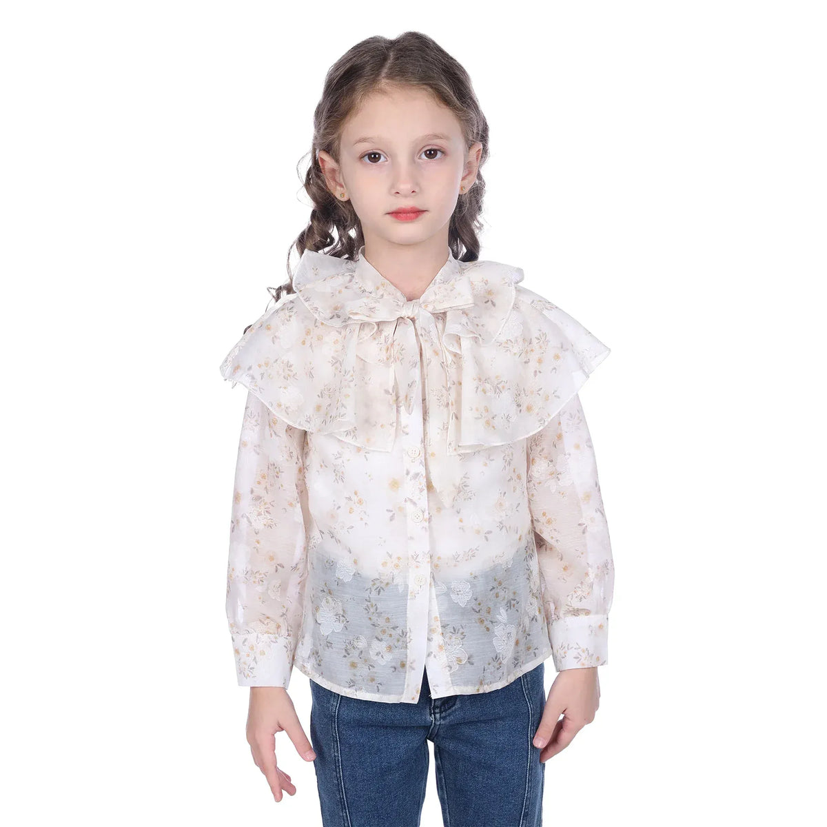 Beige Floral Classic Shirt For Girls Image