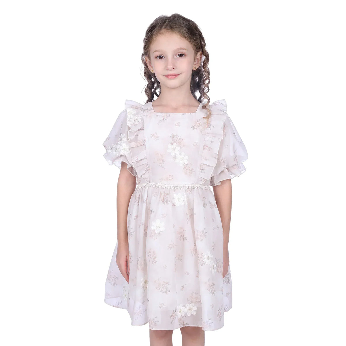 Pink Beige Floral Classic Dress For Girls Image