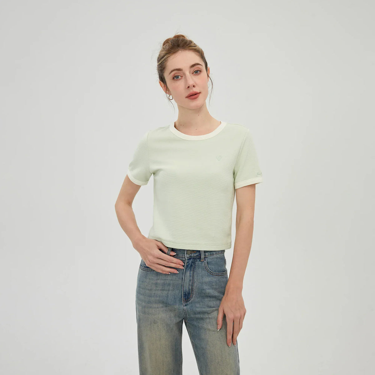 Tea Green Embroidery T.Shirt for Women Image