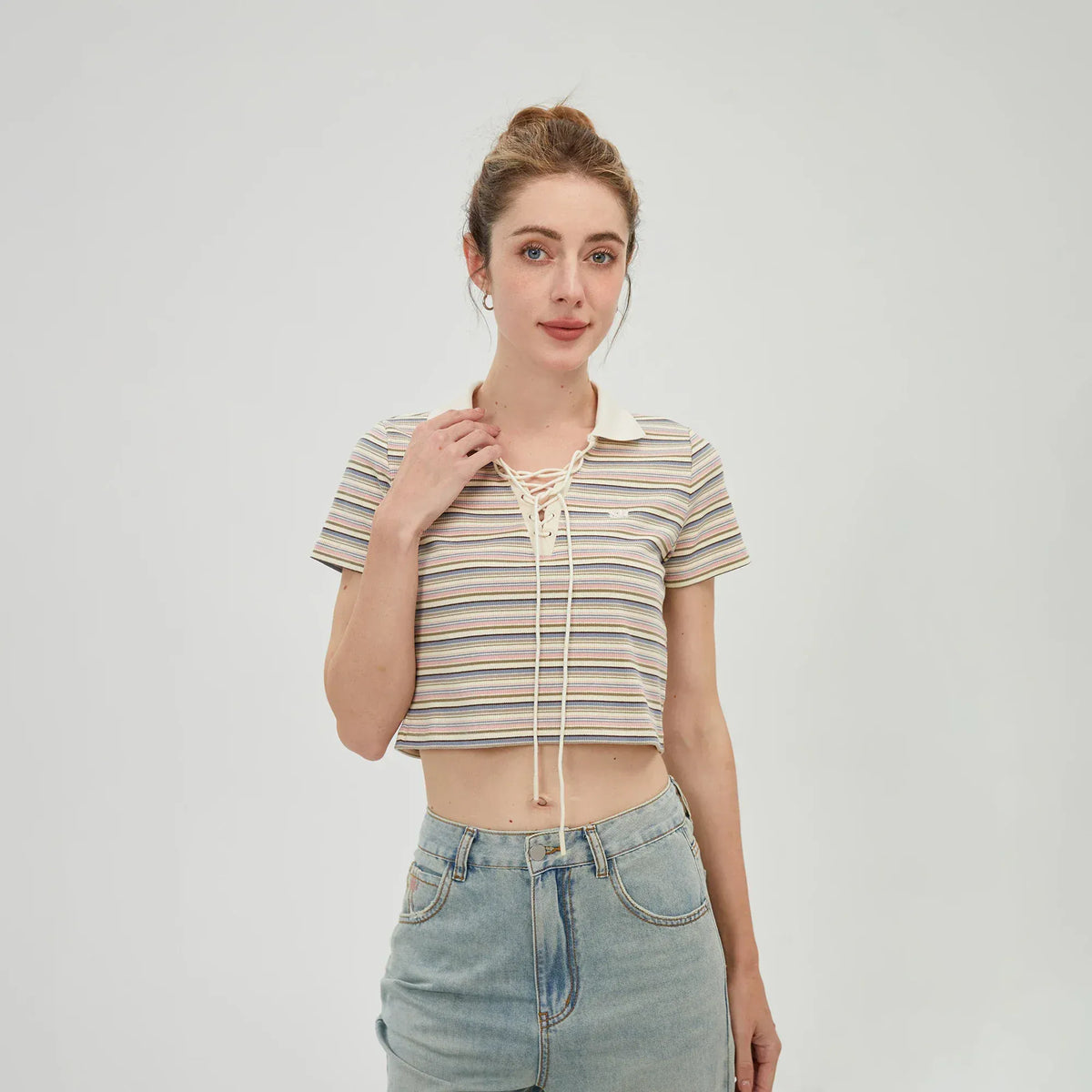 Pink Striped Polo Shirt for Women Image