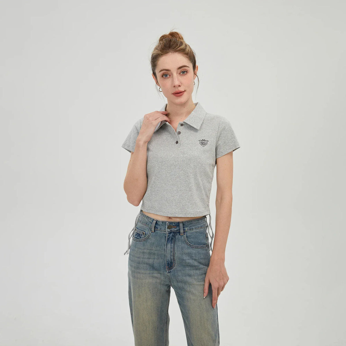 Grey Embroidery Polo Shirt for Women Image